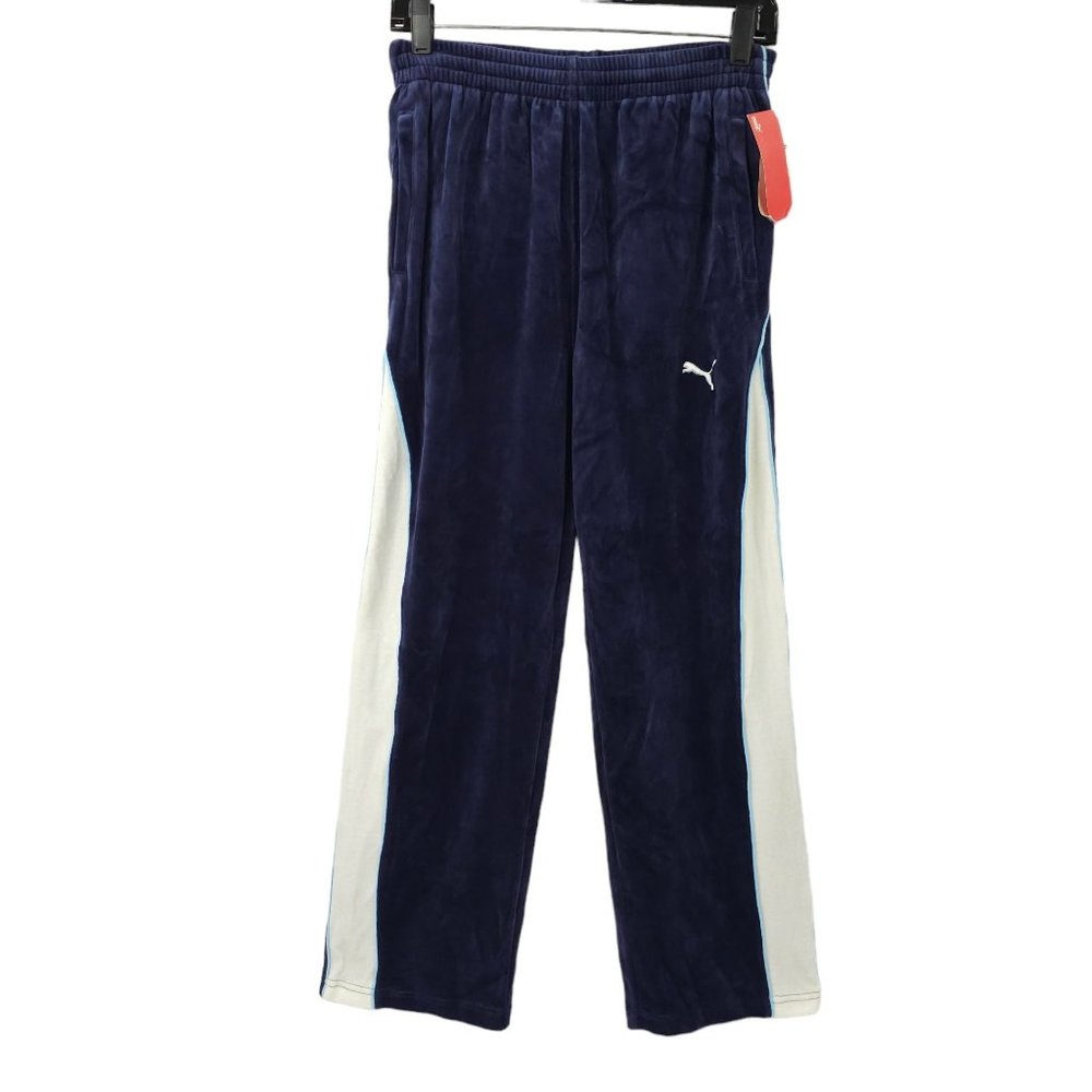 Puma Velour Track Pants Boys L Elastic Waist Drawstring Blue White Stripe NEW